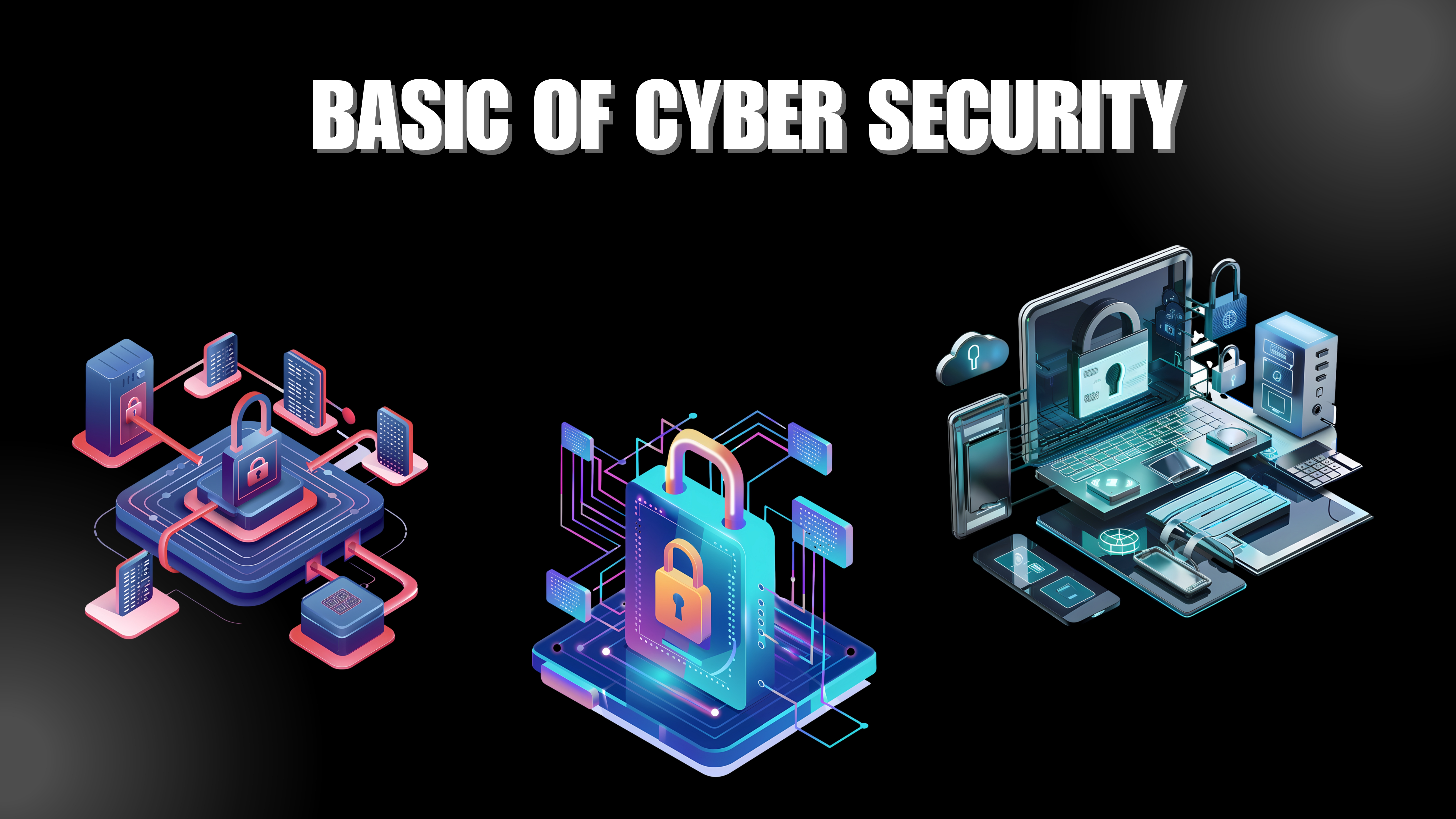 Infographic showing a padlock, hacker silhouette, social media icons (like Facebook, Instagram), and warning alerts with bright red and blue neon on a dark background
